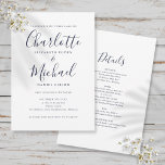 All In One Simple Navy Blue Script Wedding Invitation<br><div class="desc">Featuring signature style names,  this elegant navy blue and white wedding invitation can be personalised with all your special wedding day information on the reverse including your RSVP,  accommodation,  and additional details. Designed by Thisisnotme©</div>