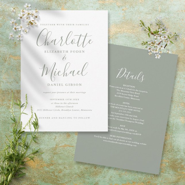 All In One Simple Sage Green Script Wedding Invitation (Creator Uploaded)