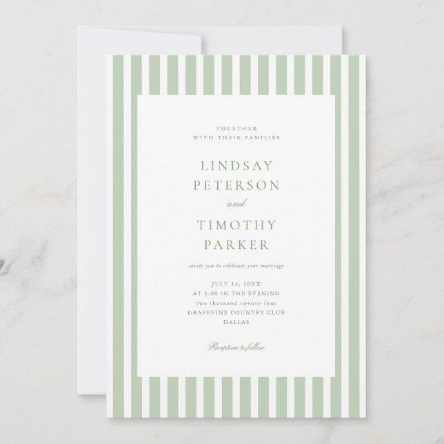 All In One Striped Sage Green Wedding Invitation (Front)