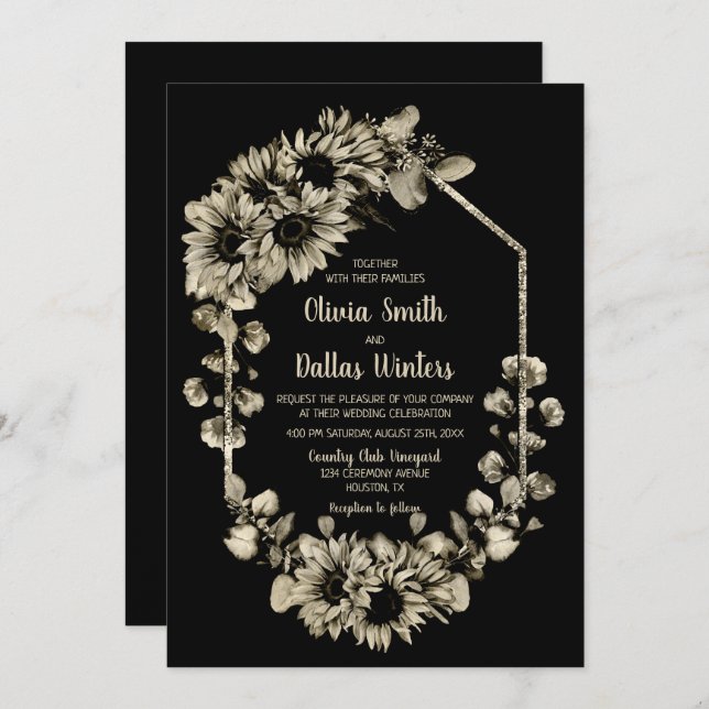 All In One Sunflower Black Wedding Invitation (Front/Back)