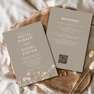 All in One Taupe Wildflower QR Code Wedding  Invitation