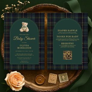 All in One Teddy Bear Plaid Green Baby Shower Invitation