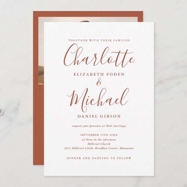 All In One Terracotta Chic Script Photo Wedding Invitation (Front/Back)