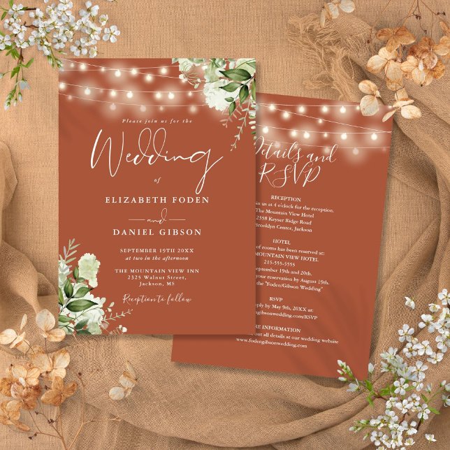 All In One Terracotta String Lights Floral Wedding Invitation (All In One Terracotta String Lights Floral Wedding Invitation)