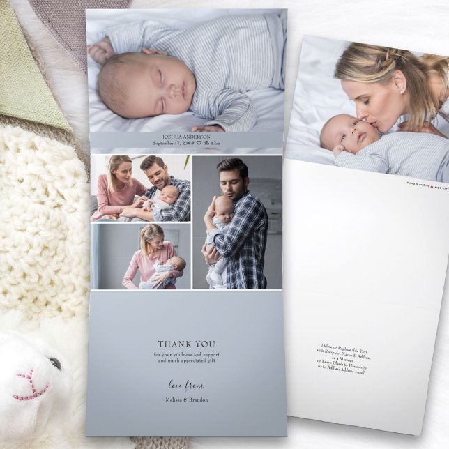 All in One Thank You and Birth 5 Boy Baby Photo Tri-Fold Announcement (Multi Photo Baby Birth Announcement and Thank You card on all-in-one trifold design.)