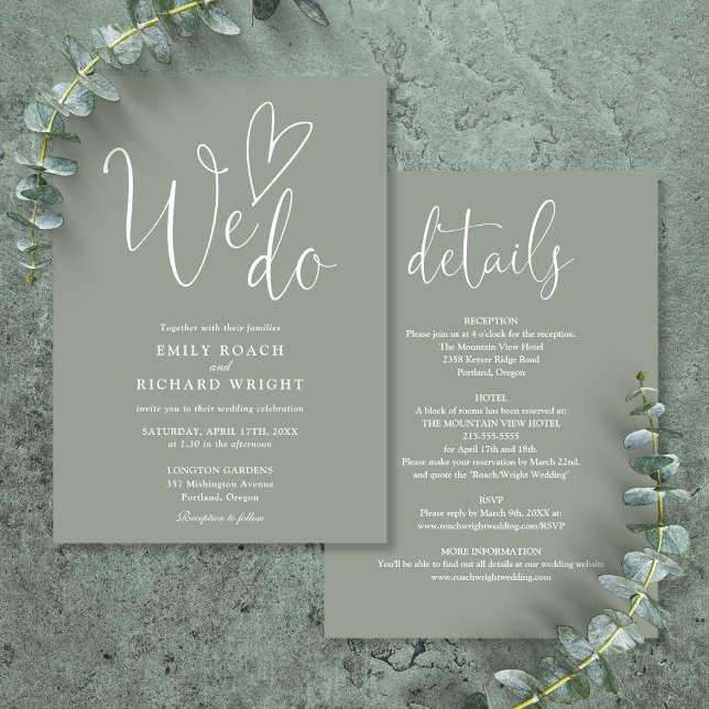 All In One To We Do Heart Sage Green Wedding Invitation (All In One To We Do Heart Sage Green Wedding Invitation)