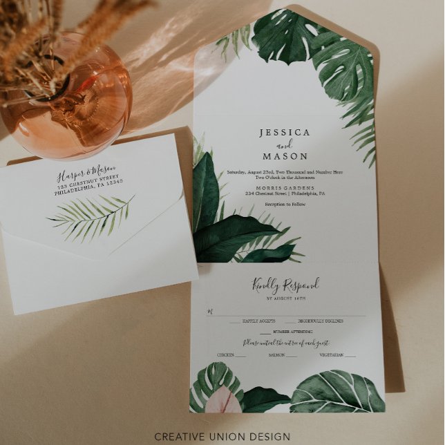 All in One Tropical Monstera Wedding Invitation (Creator Uploaded)