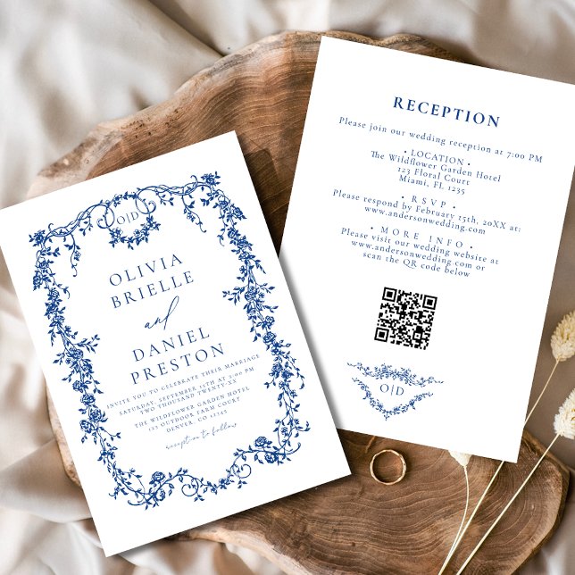 All In One Victorian Blue French QR Code Wedding Invitation (Creator Uploaded)