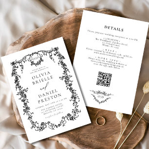 All In One Victorian French Balck QR Code Wedding Invitation