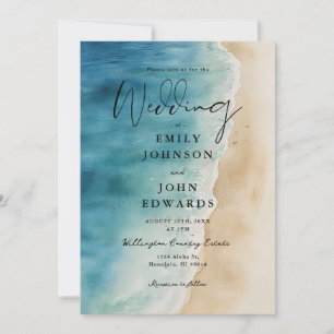 All In One Watercolor Blue Ocean Beach Wedding Invitation