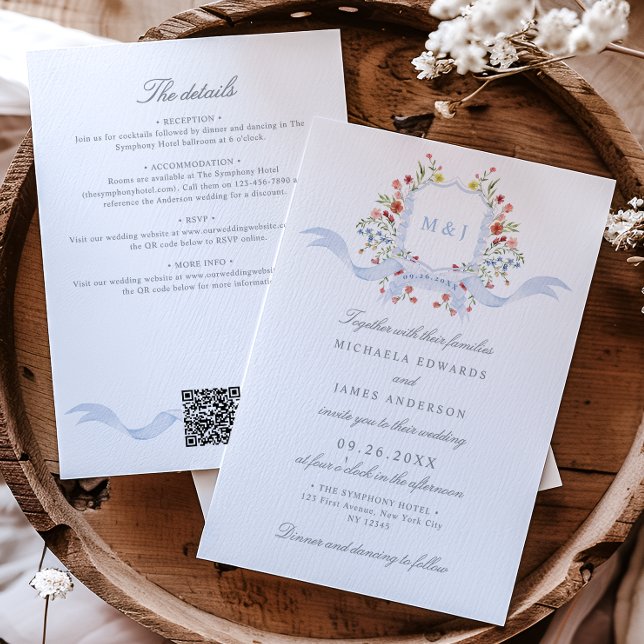 All In One Watercolor Regency Crest QR Wedding Invitation (Creator Uploaded)