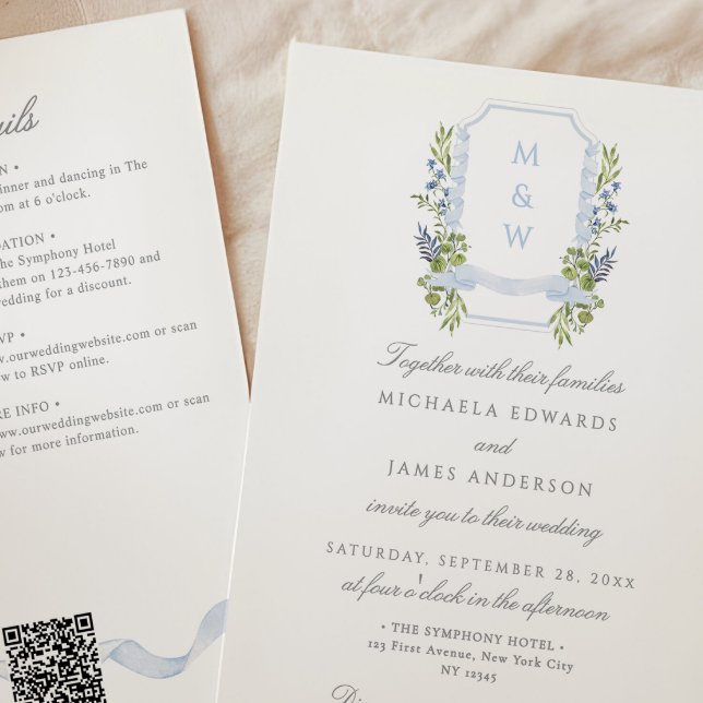All In One Watercolor Regency Crest QR Wedding Invitation (Creator Uploaded)