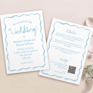 All In One Wavy Hand Drawn Blue QR RSVP Wedding Invitation