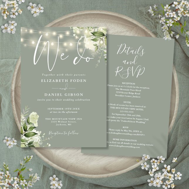 All In One We Do Floral Lights Sage Green Wedding Invitation (All In One We Do Floral Lights Sage Green Wedding Invitation)