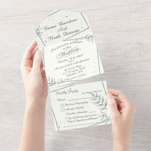 All in One Wedding Invitation and RSVP Green Leaf 