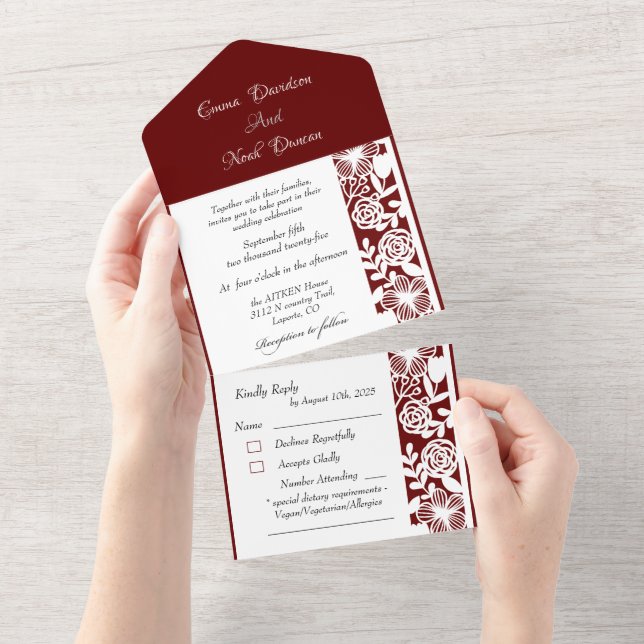 All in One Wedding Invitations and RSVP Maroon (Tearaway)