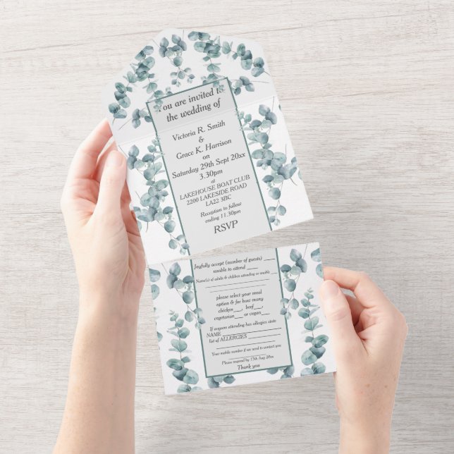 All in One Wedding Invite - Silver Eucalyptus (Tearaway)