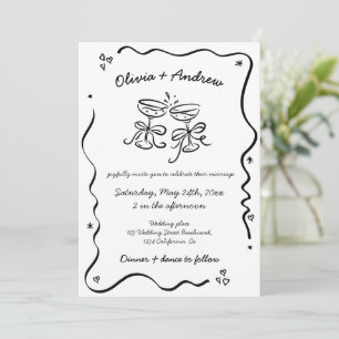 All in One Whimsical Funky Hand Drawn Wedding  Invitation