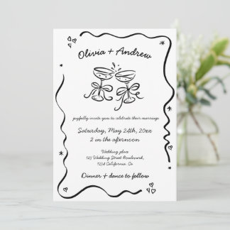 All in One Whimsical Funky Hand Drawn Wedding  Invitation