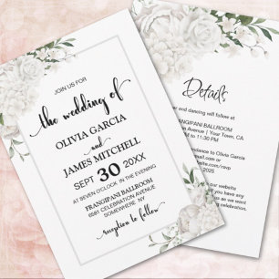 All In One White Floral Grey Border Wedding Invitation
