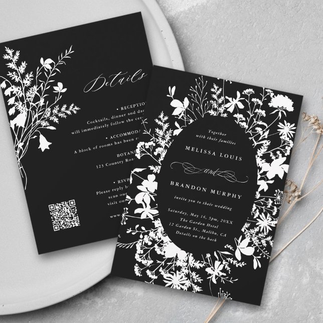 All In One White Wildflower Frame Black Wedding  Invitation (Front & Back)