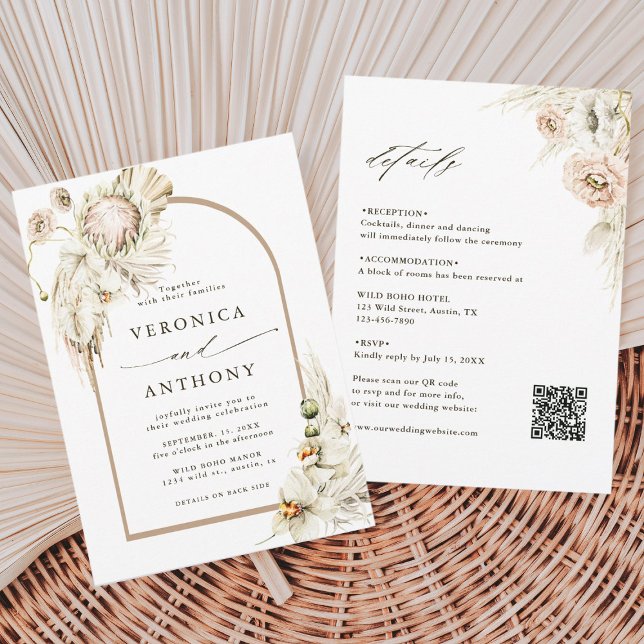 All In One Wild Boho Protea Pampas Grass Wedding  Invitation (Creator Uploaded)