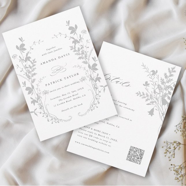 All In One Wildflower Wreath Grey & White Wedding  Invitation (Front & Back)