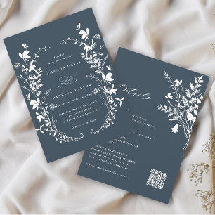 All In One Wildflower Wreath Navy Wedding  Invitation