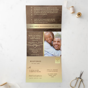 All in One Wood Photo Wedding Tri-Fold Invitation