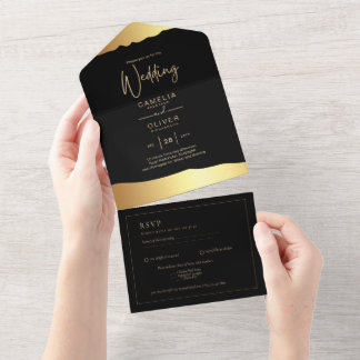 All Inclusive 2 Black Gold Themed Wedding RSVP  In One Invitation