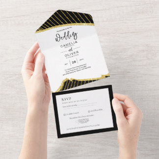 All Inclusive 3 Black Gold Themed Wedding RSVP All In One Invitation