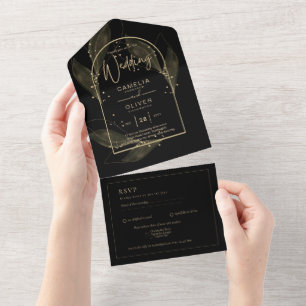All Inclusive Black Gold Elegant Weddinng RSVP In One Invitation