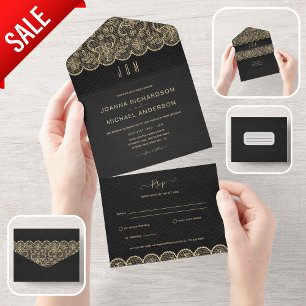 All Inclusive Black Gold Lace Wedding with RSVP All In One Invitation