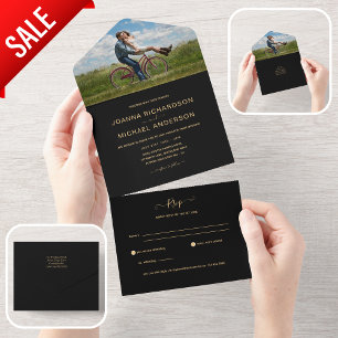 All Inclusive Black Gold PHOTO Wedding RSVP In One Invitation