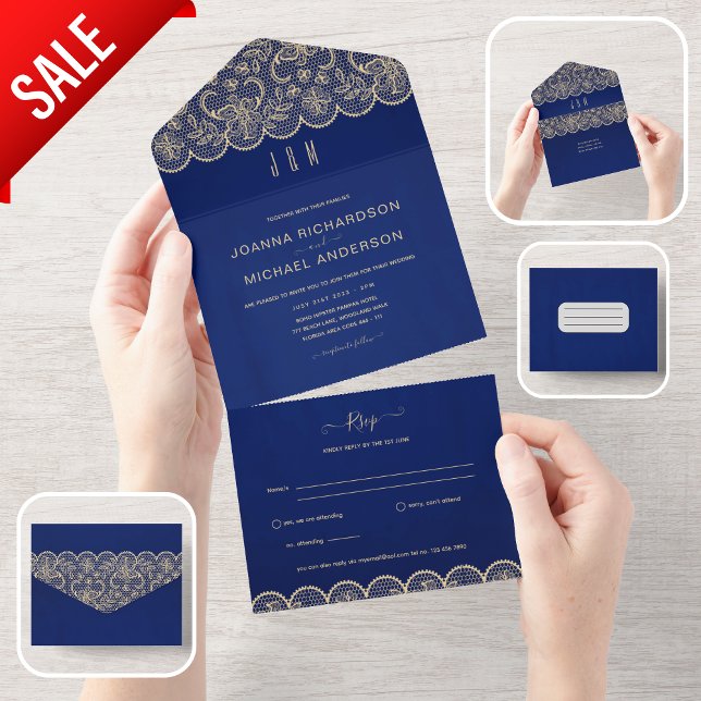 All Inclusive Blue Gold Lace Wedding with RSVP In One Invitation (Creator Uploaded)