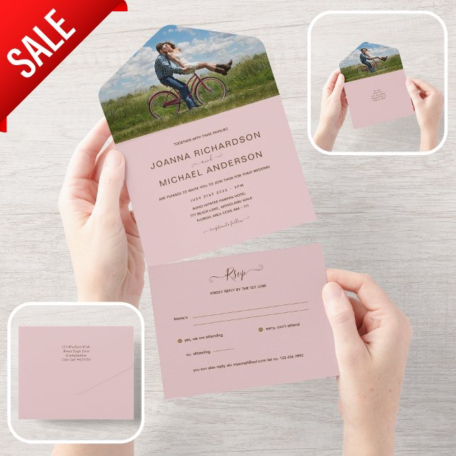 All Inclusive BLUSH PINK PHOTO Wedding RSVP In One Invitation (Creator Uploaded)