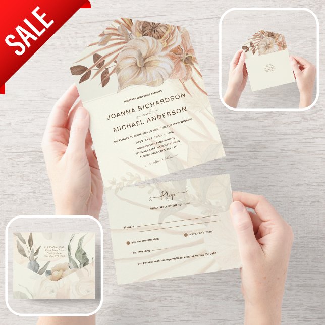 All Inclusive BOHO Pampas Grass Wedding RSVP In One Invitation (Creator Uploaded)