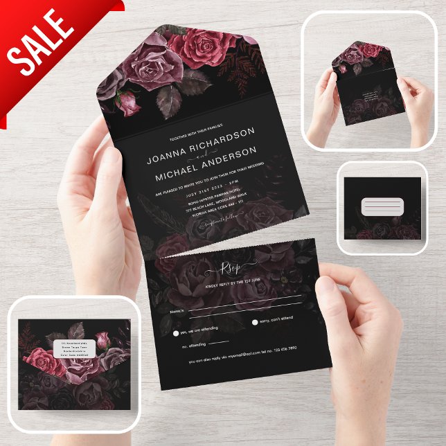 All Inclusive Burgundy Black Gothic Roses RSVP All In One Invitation (Creator Uploaded)