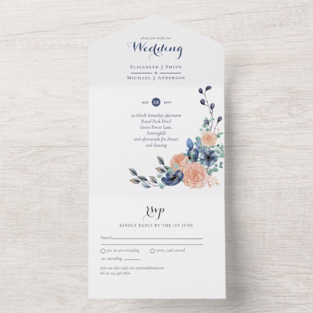 All Inclusive Coral and Blue Wedding Invitation (Inside)