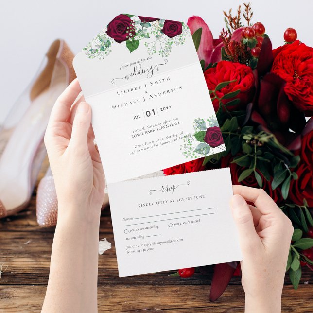All Inclusive Deep Red Roses Wedding RSVP All In One Invitation (Creator Uploaded)
