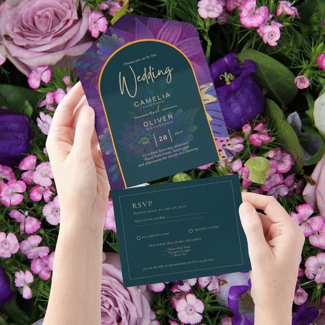 All Inclusive Jewel Tone Purple Green Wedding RSVP All In One Invitation (Creator Uploaded)