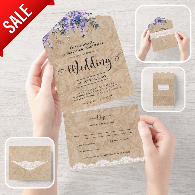 All Inclusive Rustic Purple Wisteria Lace Wedding In One Invitation (Creator Uploaded)