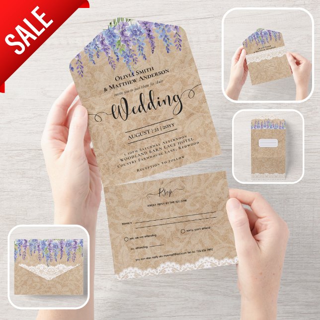 All Inclusive Rustic Wisteria Floral Lace Wedding In One Invitation (Creator Uploaded)