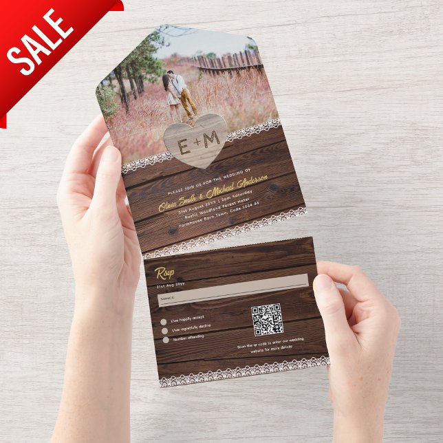 All Inclusive Rustic Wood Lace Photo QR Code RSVP In One Invitation (Creator Uploaded)