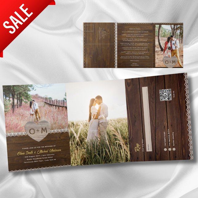 All Inclusive Rustic Wood Lace Photo RSVP Program Tri-Fold Invitation (Creator Uploaded)