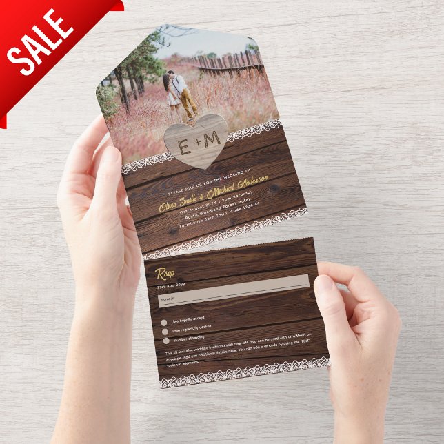 All Inclusive Rustic Wood Lace Photo Tear Off RSVP In One Invitation (Creator Uploaded)