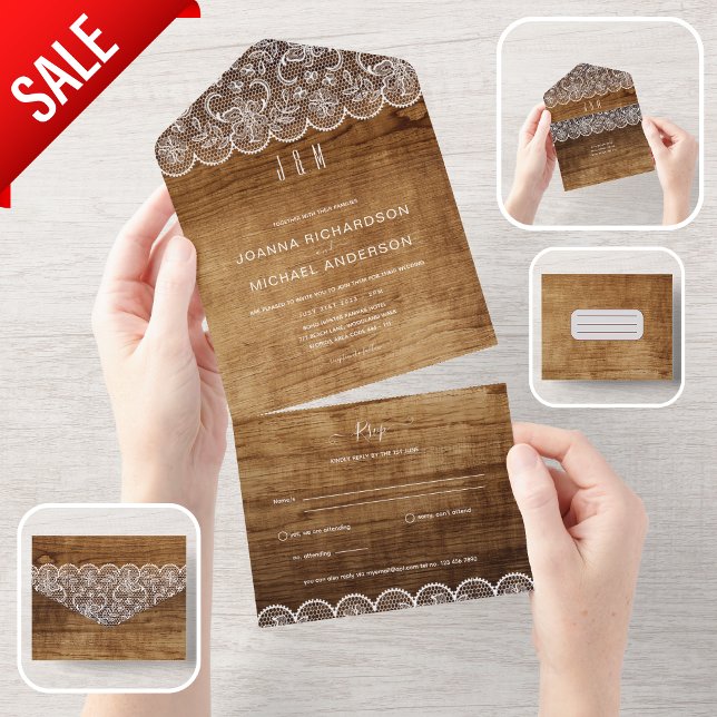 All Inclusive Rustic Wood Lace Wedding with RSVP All In One Invitation (Creator Uploaded)