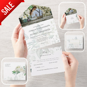 All Inclusive White Roses Tear off RSVP Wedding All In One Invitation