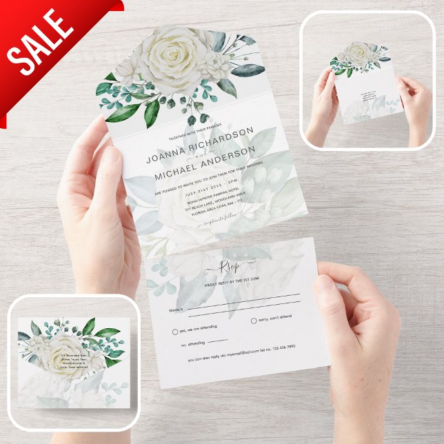 All Inclusive White Roses Wedding Floral RSVP All In One Invitation (Creator Uploaded)
