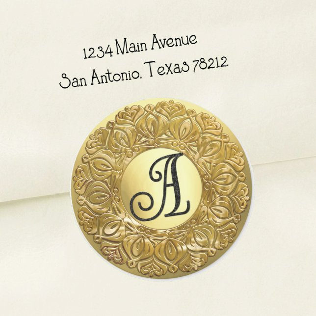 ALL INITIALS Black Monogram 3 Filigree Edge Gold Classic Round Sticker (Creator Uploaded)